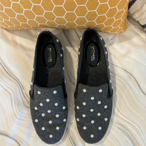 Michael Kors Keaton slip-on gray flannel slip pearl embellished loafers size 6.5 - Picture 2 of 10